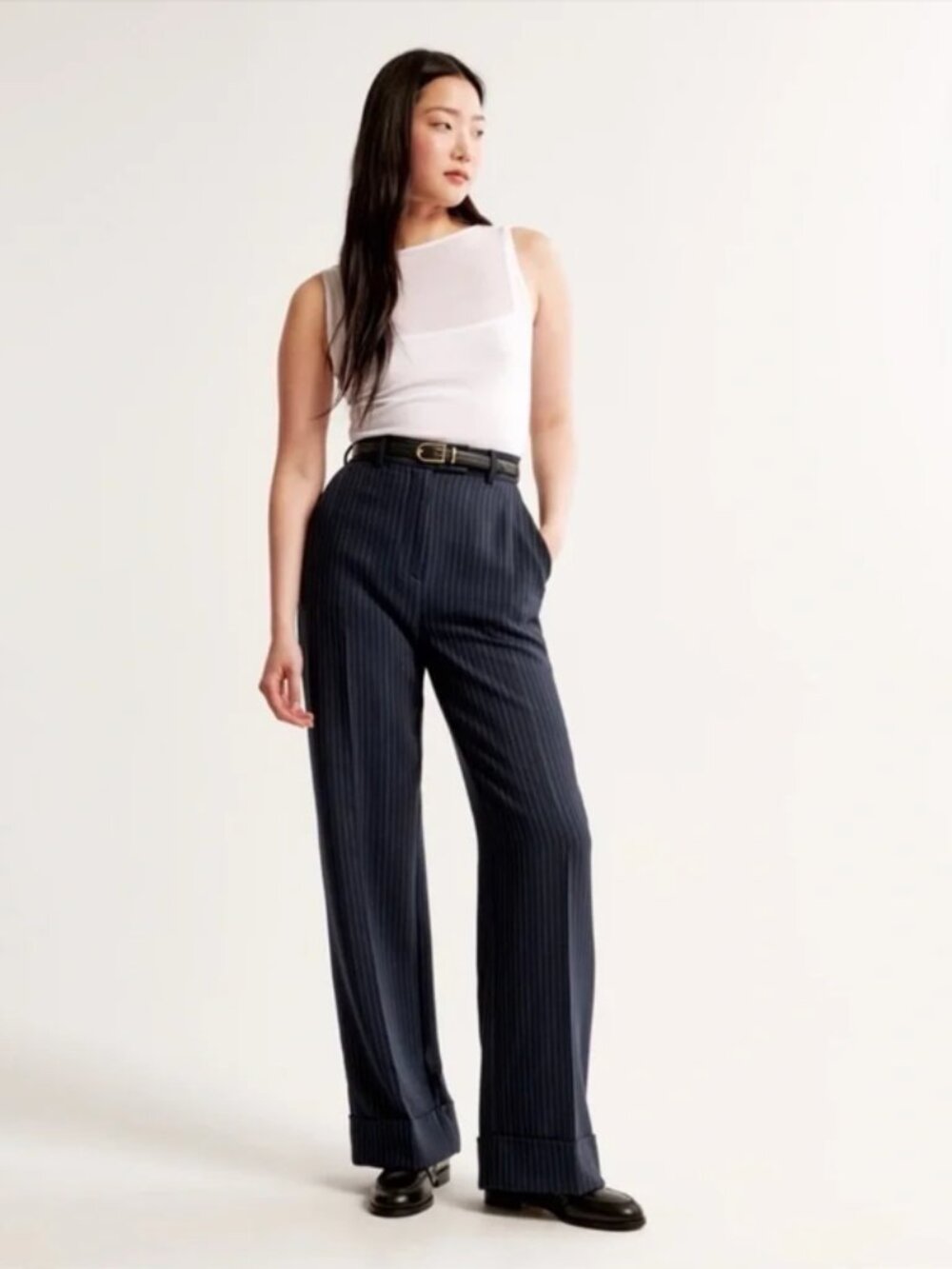 Abercrombie & Fitch Cuffed Hem Tailored Wide Leg Pant  navy pinstripe NWT